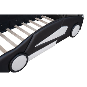 English Elm Twin Race Car-Shaped Platform Bed with Wheels — Durable Pine Wood Construction, Guardrails, 250lb Capacity Black WF297945AAB