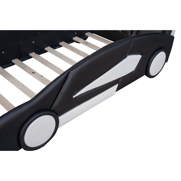 English Elm Twin Race Car-Shaped Platform Bed with Wheels — Durable Pine Wood Construction, Guardrails, 250lb Capacity Black WF297945AAB