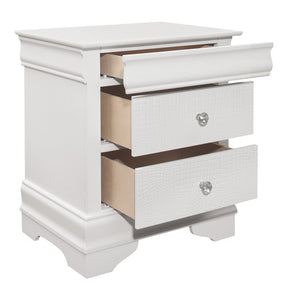 English Elm Traditional Lana Nightstand White Finish Faux Alligator Embossed Drawers Crystal Knobs Hidden Storage B01171516