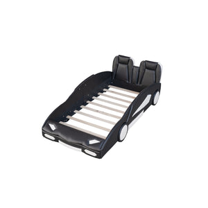 English Elm Twin Race Car-Shaped Platform Bed with Wheels — Durable Pine Wood Construction, Guardrails, 250lb Capacity Black WF297945AAB