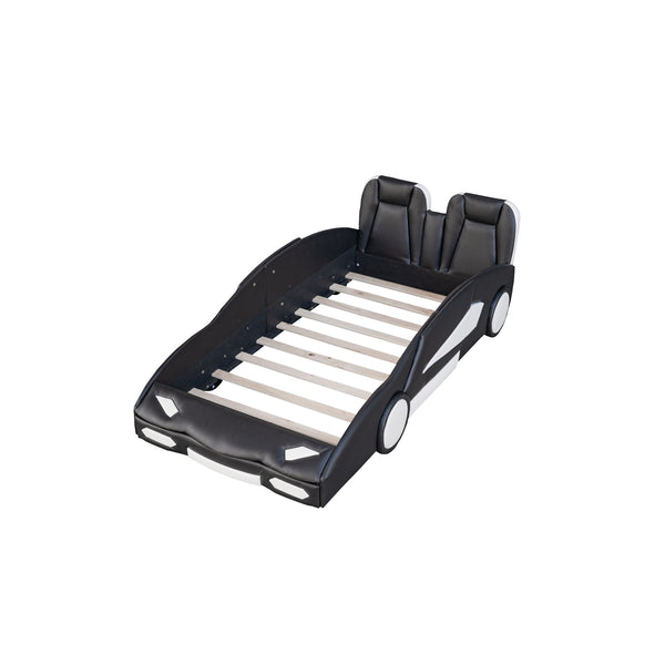 English Elm Twin Race Car-Shaped Platform Bed with Wheels — Durable Pine Wood Construction, Guardrails, 250lb Capacity Black WF297945AAB