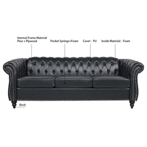 English Elm 84.65" Chesterfield Three Seater Sofa Pu Leather Tufted Rolled Arm Living Room Black W68035340
