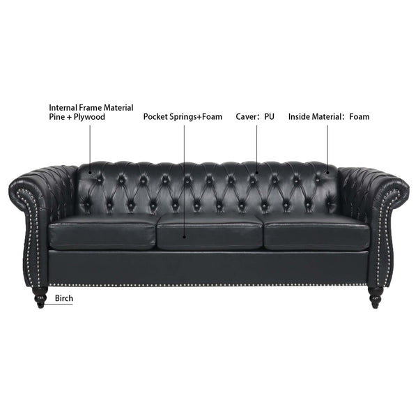 English Elm 84.65" Chesterfield Three Seater Sofa Pu Leather Tufted Rolled Arm Living Room Black W68035340