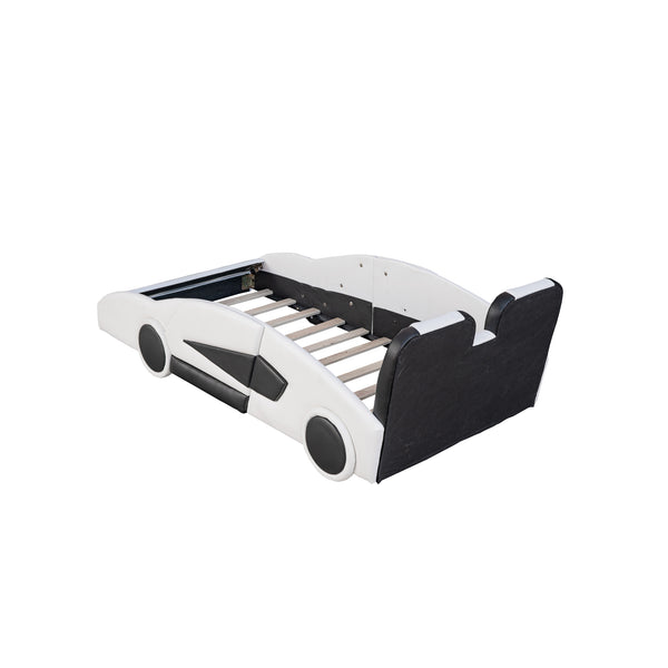 English Elm Twin Race Car-Shaped Platform Bed with Wheels — Durable Pine Wood Construction, Guardrails, 250lb Capacity White WF297945AAK