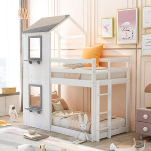 English Elm Twin Over Playhouse Bunk Bed Solid Pine Frame with Roof Window Guardrail LT000056AAK