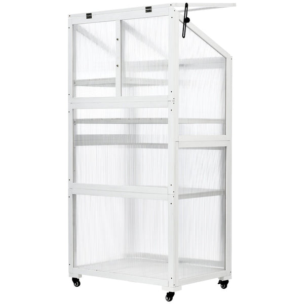 English Elm Topmax Fir Wood Polycarbonate Cold Frame Greenhouse with Wheels Adjustable Shelves Outdoor White WF297923AAK