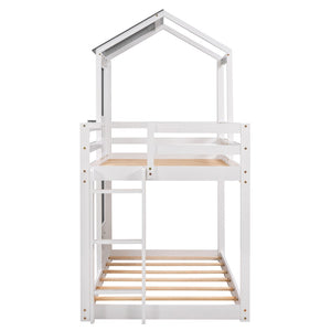 English Elm Twin Over Playhouse Bunk Bed Solid Pine Frame with Roof Window Guardrail LT000056AAK