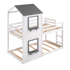 English Elm Twin Over Playhouse Bunk Bed Solid Pine Frame with Roof Window Guardrail LT000056AAK