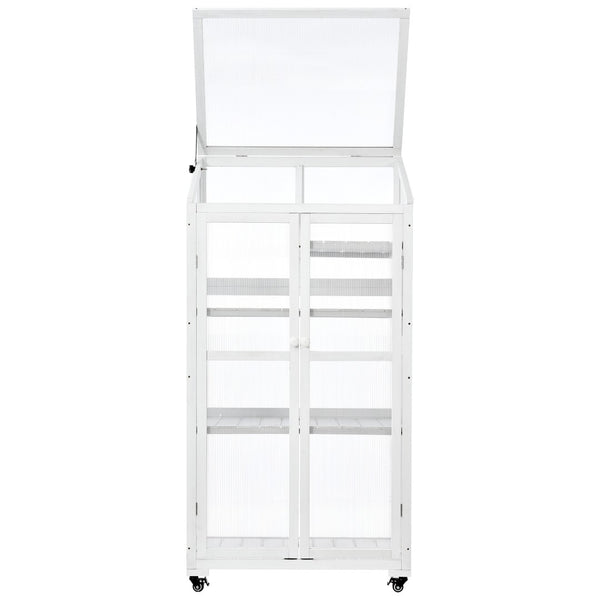 English Elm Topmax Fir Wood Polycarbonate Cold Frame Greenhouse with Wheels Adjustable Shelves Outdoor White WF297923AAK