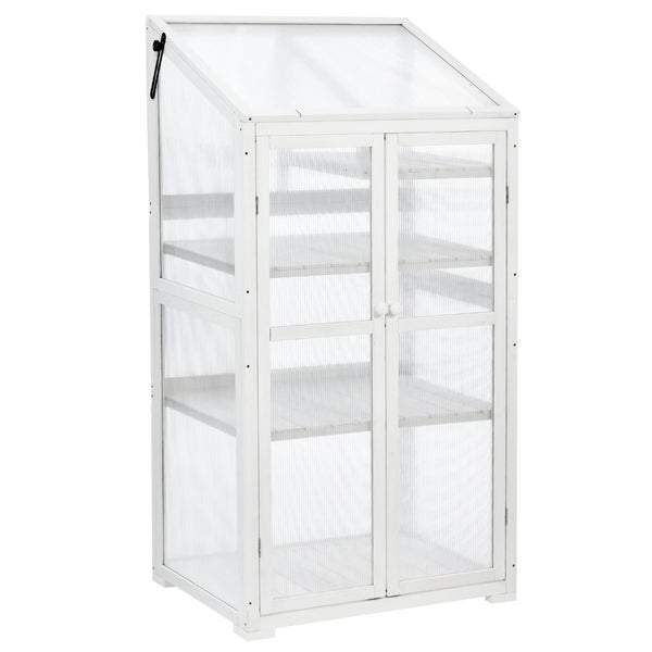 English Elm Topmax Fir Wood Polycarbonate Cold Frame Greenhouse with Wheels Adjustable Shelves Outdoor White WF297923AAK