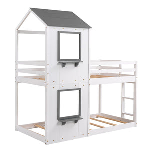 English Elm Twin Over Playhouse Bunk Bed Solid Pine Frame with Roof Window Guardrail LT000056AAK