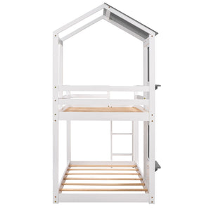 English Elm Twin Over Playhouse Bunk Bed Solid Pine Frame with Roof Window Guardrail LT000056AAK