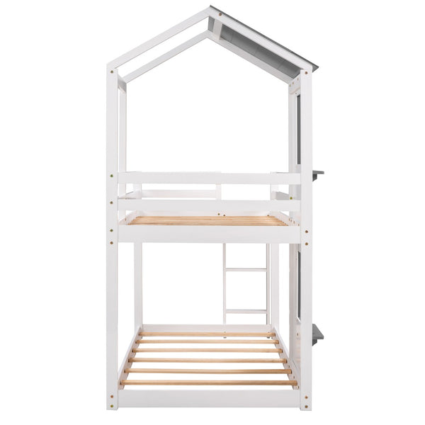 English Elm Twin Over Playhouse Bunk Bed Solid Pine Frame with Roof Window Guardrail LT000056AAK
