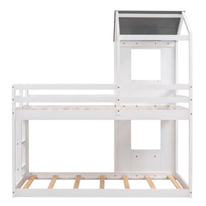 English Elm Twin Over Playhouse Bunk Bed Solid Pine Frame with Roof Window Guardrail LT000056AAK