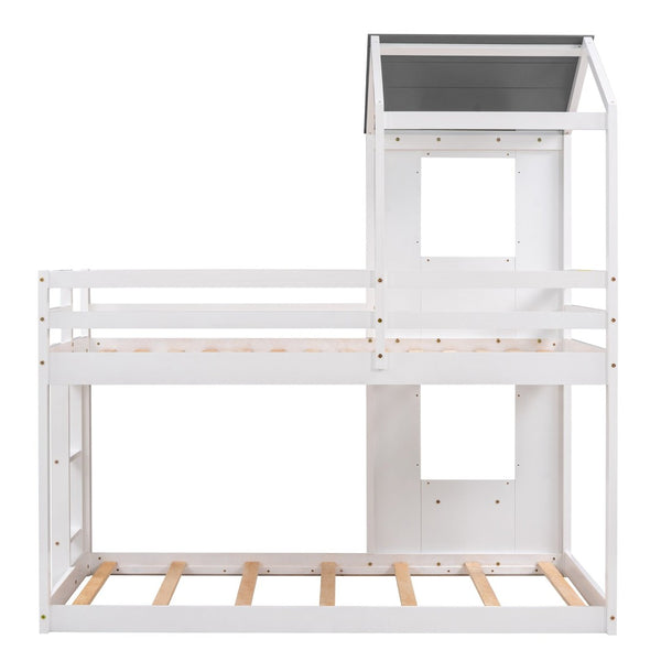 English Elm Twin Over Playhouse Bunk Bed Solid Pine Frame with Roof Window Guardrail LT000056AAK