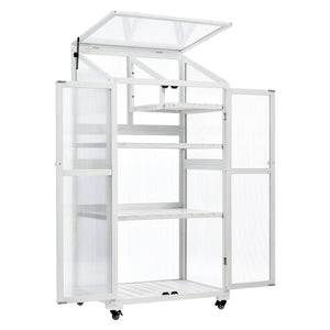 English Elm Topmax Fir Wood Polycarbonate Cold Frame Greenhouse with Wheels Adjustable Shelves Outdoor White WF297923AAK