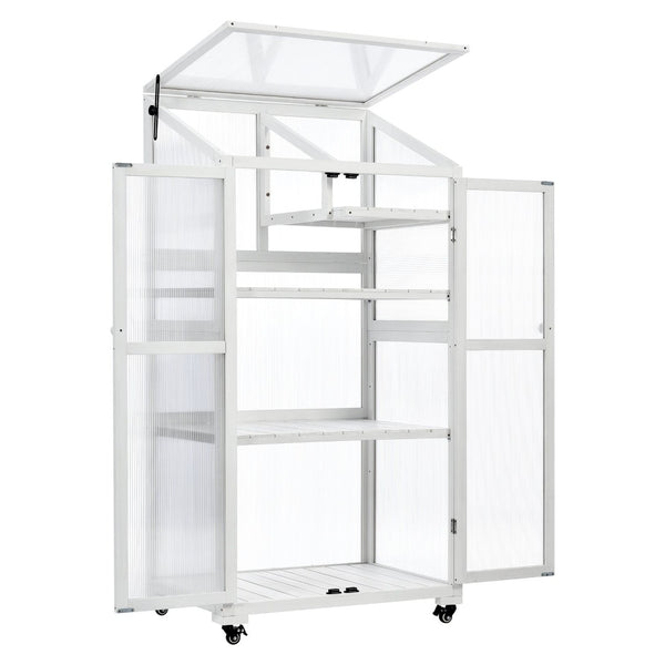 English Elm Topmax Fir Wood Polycarbonate Cold Frame Greenhouse with Wheels Adjustable Shelves Outdoor White WF297923AAK