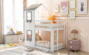 English Elm Twin Over Playhouse Bunk Bed Solid Pine Frame with Roof Window Guardrail LT000056AAK