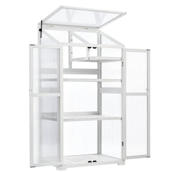 English Elm Topmax Fir Wood Polycarbonate Cold Frame Greenhouse with Wheels Adjustable Shelves Outdoor White WF297923AAK