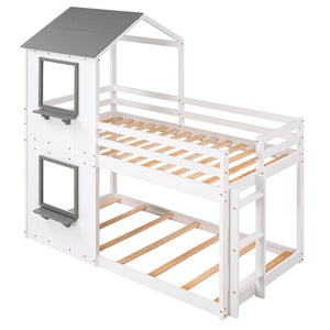 English Elm Twin Over Playhouse Bunk Bed Solid Pine Frame with Roof Window Guardrail LT000056AAK