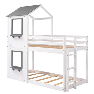 English Elm Twin Over Playhouse Bunk Bed Solid Pine Frame with Roof Window Guardrail LT000056AAK