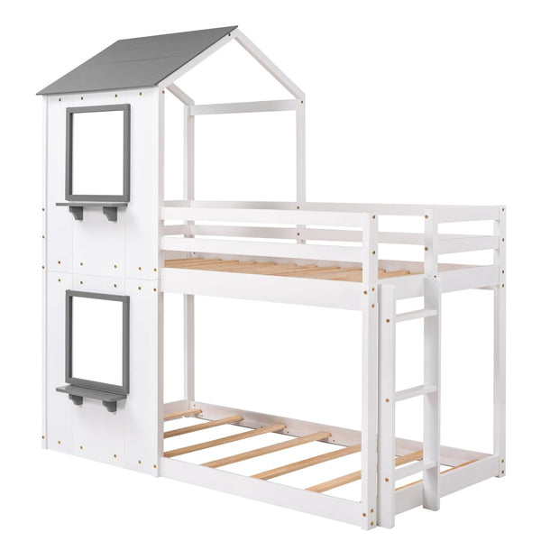 English Elm Twin Over Playhouse Bunk Bed Solid Pine Frame with Roof Window Guardrail LT000056AAK