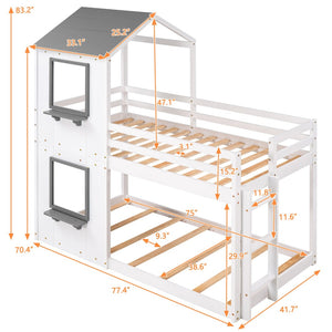 English Elm Twin Over Playhouse Bunk Bed Solid Pine Frame with Roof Window Guardrail LT000056AAK