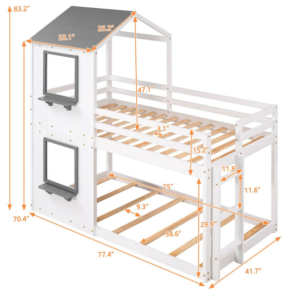 English Elm Twin Over Playhouse Bunk Bed Solid Pine Frame with Roof Window Guardrail LT000056AAK