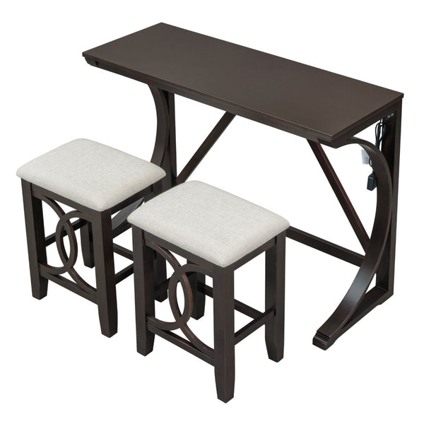 English Elm Topmax Farmhouse Counter Dining Set with Built-in Usb Charging and Upholstered Stools Espresso N717P352068P