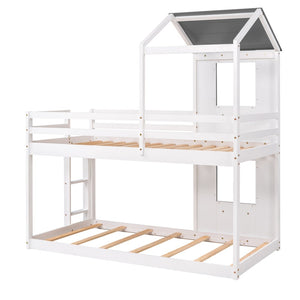 English Elm Twin Over Playhouse Bunk Bed Solid Pine Frame with Roof Window Guardrail LT000056AAK