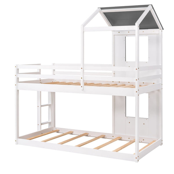 English Elm Twin Over Playhouse Bunk Bed Solid Pine Frame with Roof Window Guardrail LT000056AAK