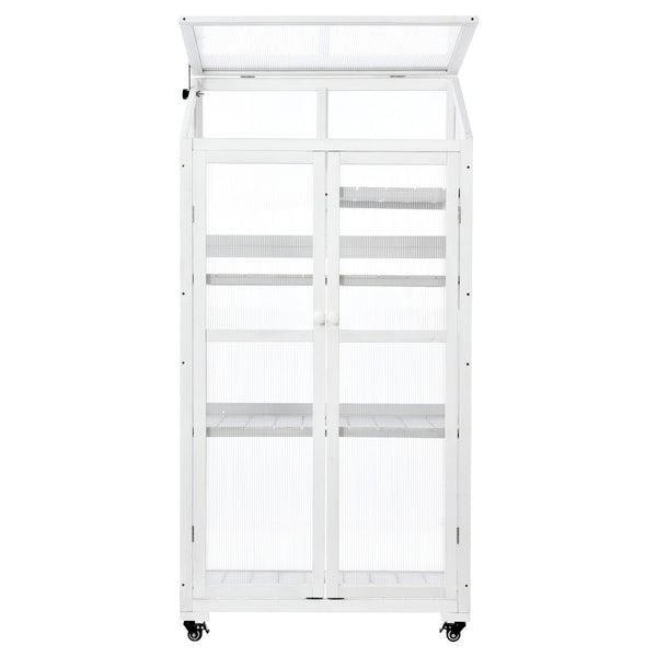 English Elm Topmax Fir Wood Polycarbonate Cold Frame Greenhouse with Wheels Adjustable Shelves Outdoor White WF297923AAK