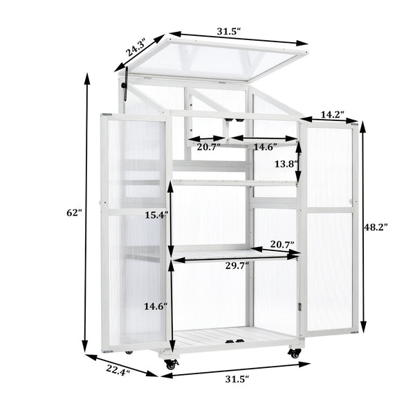 English Elm Topmax Fir Wood Polycarbonate Cold Frame Greenhouse with Wheels Adjustable Shelves Outdoor White WF297923AAK