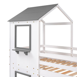 English Elm Twin Over Playhouse Bunk Bed Solid Pine Frame with Roof Window Guardrail LT000056AAK