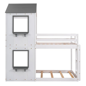English Elm Twin Over Playhouse Bunk Bed Solid Pine Frame with Roof Window Guardrail LT000056AAK