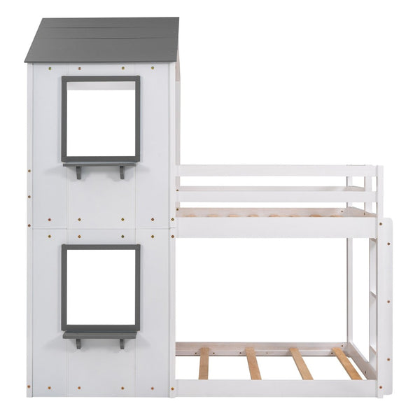 English Elm Twin Over Playhouse Bunk Bed Solid Pine Frame with Roof Window Guardrail LT000056AAK