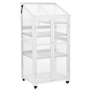English Elm Topmax Fir Wood Polycarbonate Cold Frame Greenhouse with Wheels Adjustable Shelves Outdoor White WF297923AAK