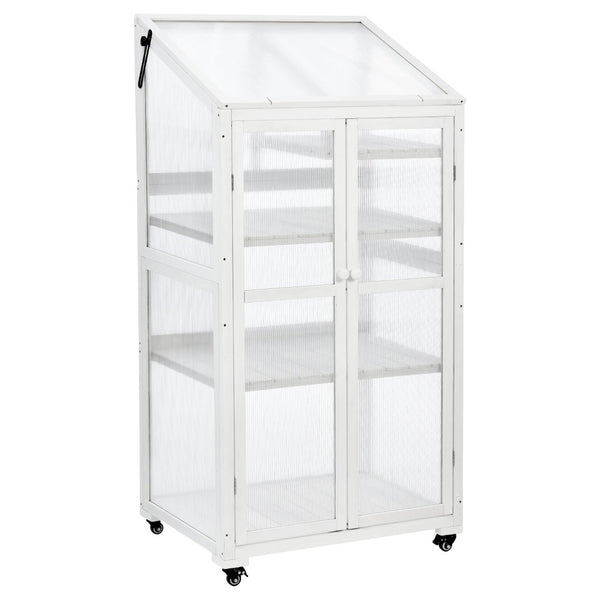 English Elm Topmax Fir Wood Polycarbonate Cold Frame Greenhouse with Wheels Adjustable Shelves Outdoor White WF297923AAK
