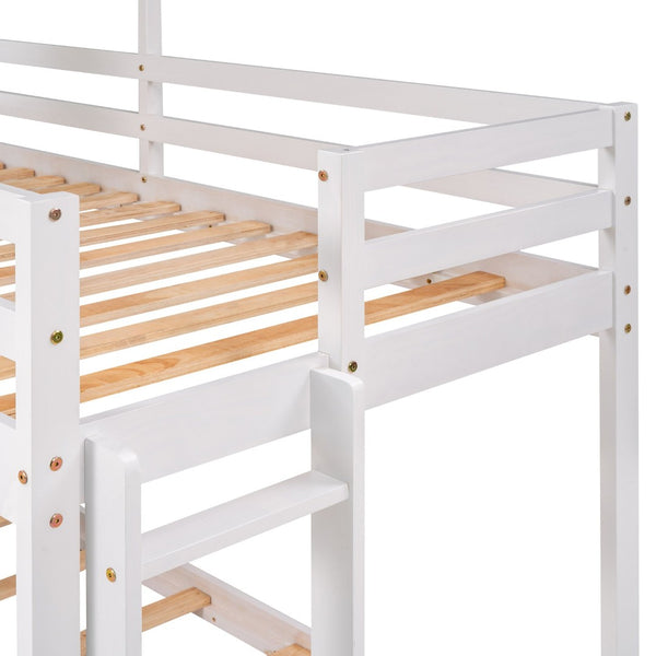 English Elm Twin Over Playhouse Bunk Bed Solid Pine Frame with Roof Window Guardrail LT000056AAK