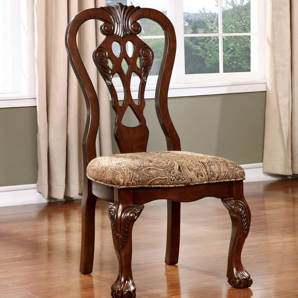 English Elm Formal Cherry Solid Wood Dining Chairs Set of 2 - Damask Padded Seats, Intricate Back, Ball & Claw Feet Finish B01172303