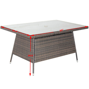 English Elm Outdoor Patio Rectangular Dining Table with 0.2" Tempered Glass Brown Wicker PE Rattan Frame, UV‑Resistant W20967121