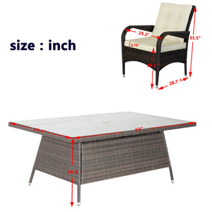 English Elm Patio 7-Piece Rectangular Dining Set with 6 Chairs, Brown PE Rattan, Beige Cushions, Tempered Glass Table W209S00011