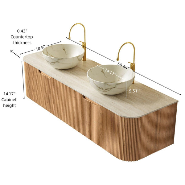 English Elm Dina 60 Inch Floating Bathroom Vanity Sintered Stone Top Dual Glass Basins Wood Grain Beige,Natural Wood,White W2615S00701