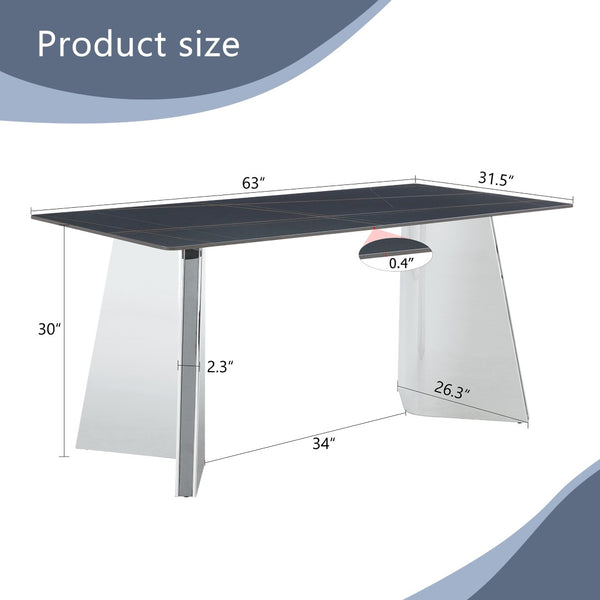 English Elm 63"x31.5x30" Marble Slab Rectangular Dining Table with Sculptural Butterfly Stainless Legs Black,Silver W1151S04576