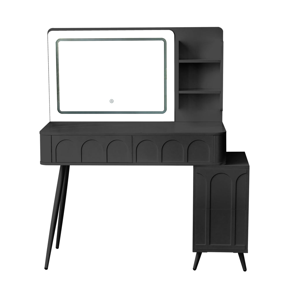 English Elm Modern Makeup Vanity Desk with Slide-Out Cabinet, LED Mirror, 4 Soft-Close Drawers & Cushioned Stool Black N844P257529B