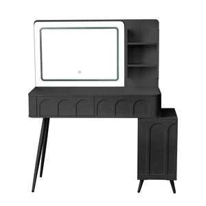 English Elm Modern Makeup Vanity Desk with Slide-Out Cabinet, LED Mirror, 4 Soft-Close Drawers & Cushioned Stool Black N844P257529B