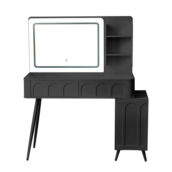 English Elm Modern Makeup Vanity Desk with Slide-Out Cabinet, LED Mirror, 4 Soft-Close Drawers & Cushioned Stool Black N844P257529B