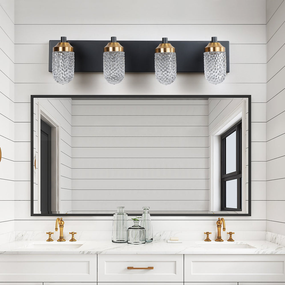 English Elm Vanity Clear Glass LED Bathroom Light 4-Bulb Matte Black Frame Energy-Saving 50,000H Fixture W134070912