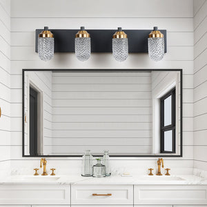 English Elm Vanity Clear Glass LED Bathroom Light 4-Bulb Matte Black Frame Energy-Saving 50,000H Fixture W134070912
