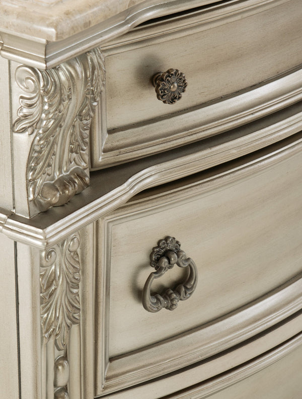 English Elm Silver Cavalier Nightstand with Genuine Marble Top, Silver Finish, Carved Acanthus Details, 34.5" x 19.5" x 32.5" B01172438